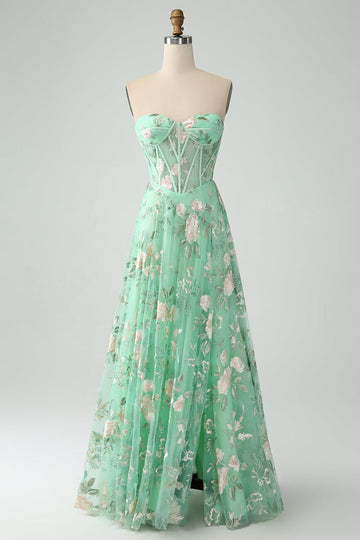 Vestido de fiesta verde A Line Sweetheart Strapless Strapless Print Corsé Con Abertura